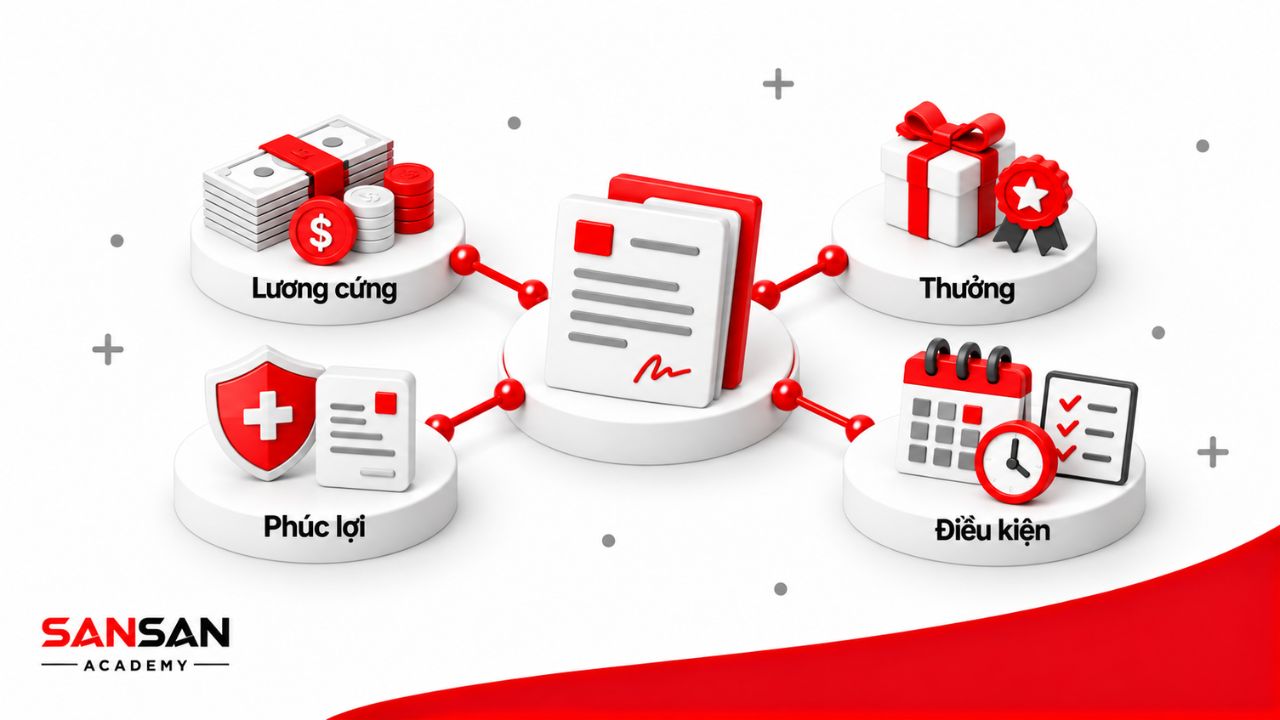 Nội dung deal lương gồm lương cứng, thưởng, phúc lợi và các điều kiện liên quan đến công việc.
