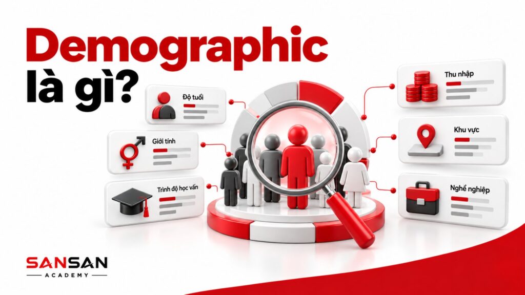 Demographic phân tích khách hàng theo độ tuổi, giới tính, trình độ học vấn, thu nhập, khu vực và nghề nghiệp.