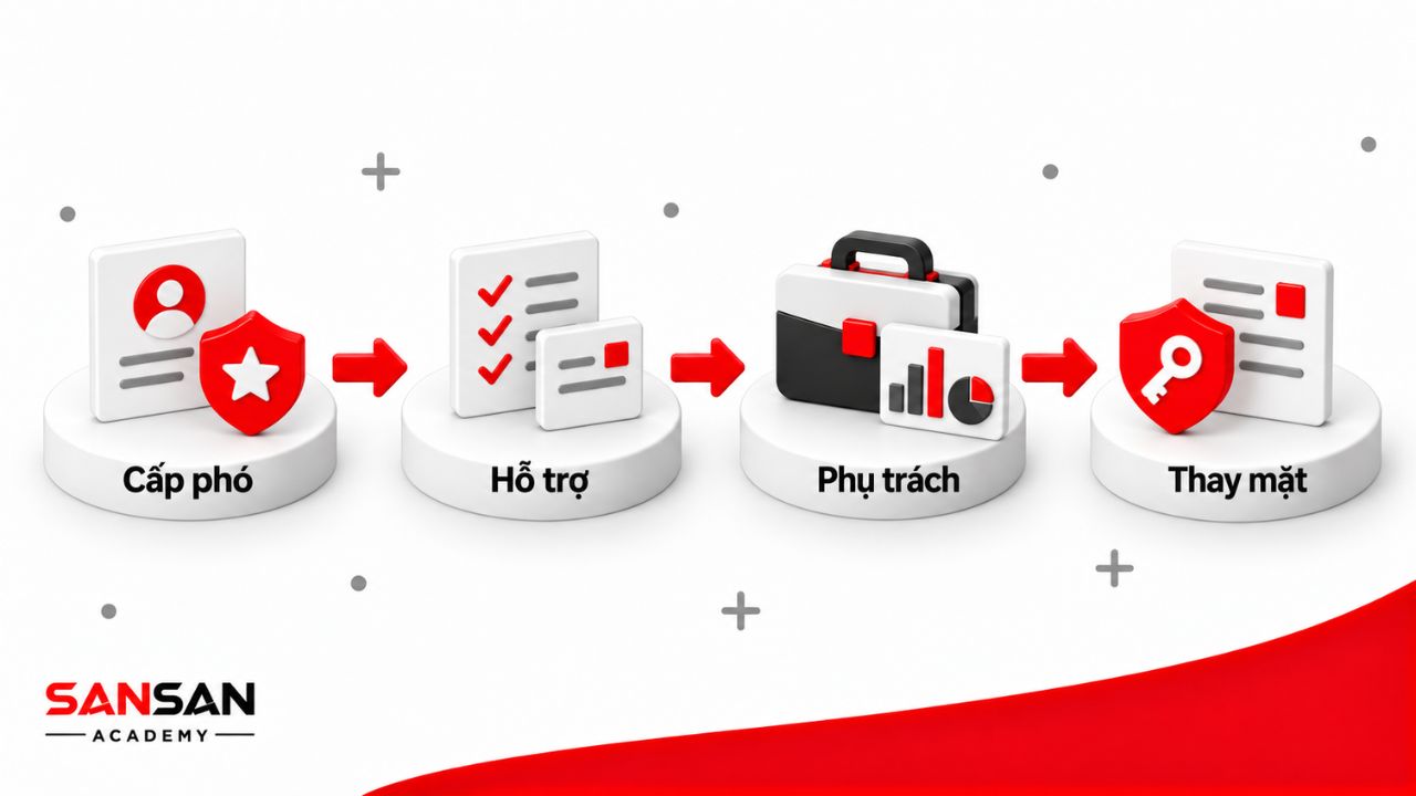 Deputy là cấp phó có thể hỗ trợ người đứng đầu, phụ trách một phần công việc và thay mặt cấp trên trong phạm vi được giao.