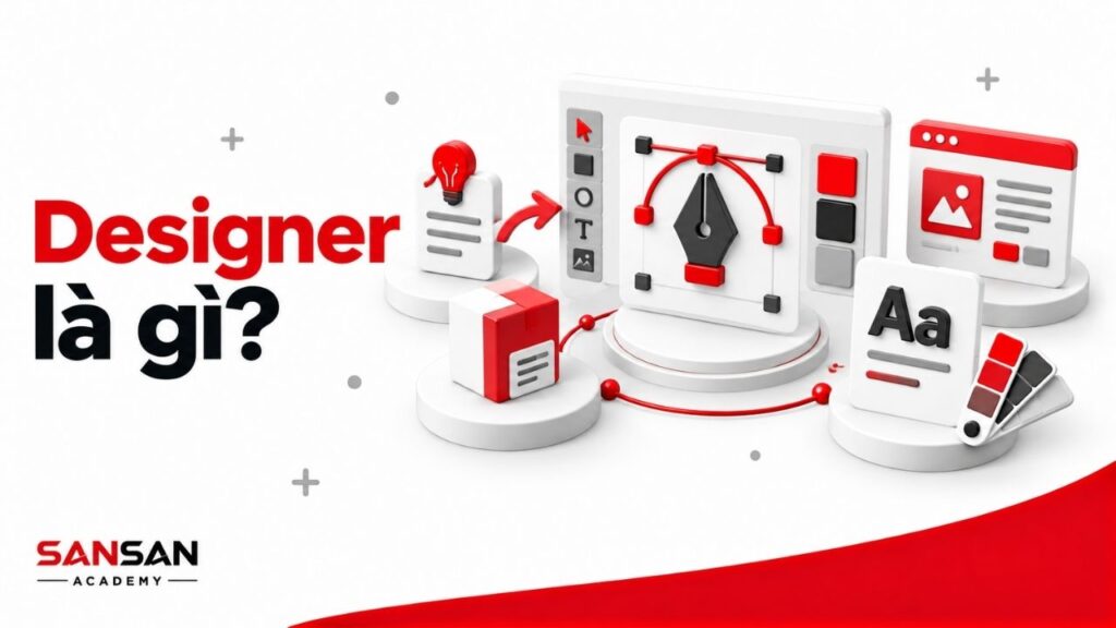Ảnh featured “Designer là gì?” với bộ công cụ thiết kế, typography, bảng màu và giao diện số theo phong cách 3D Sansan Academy.
