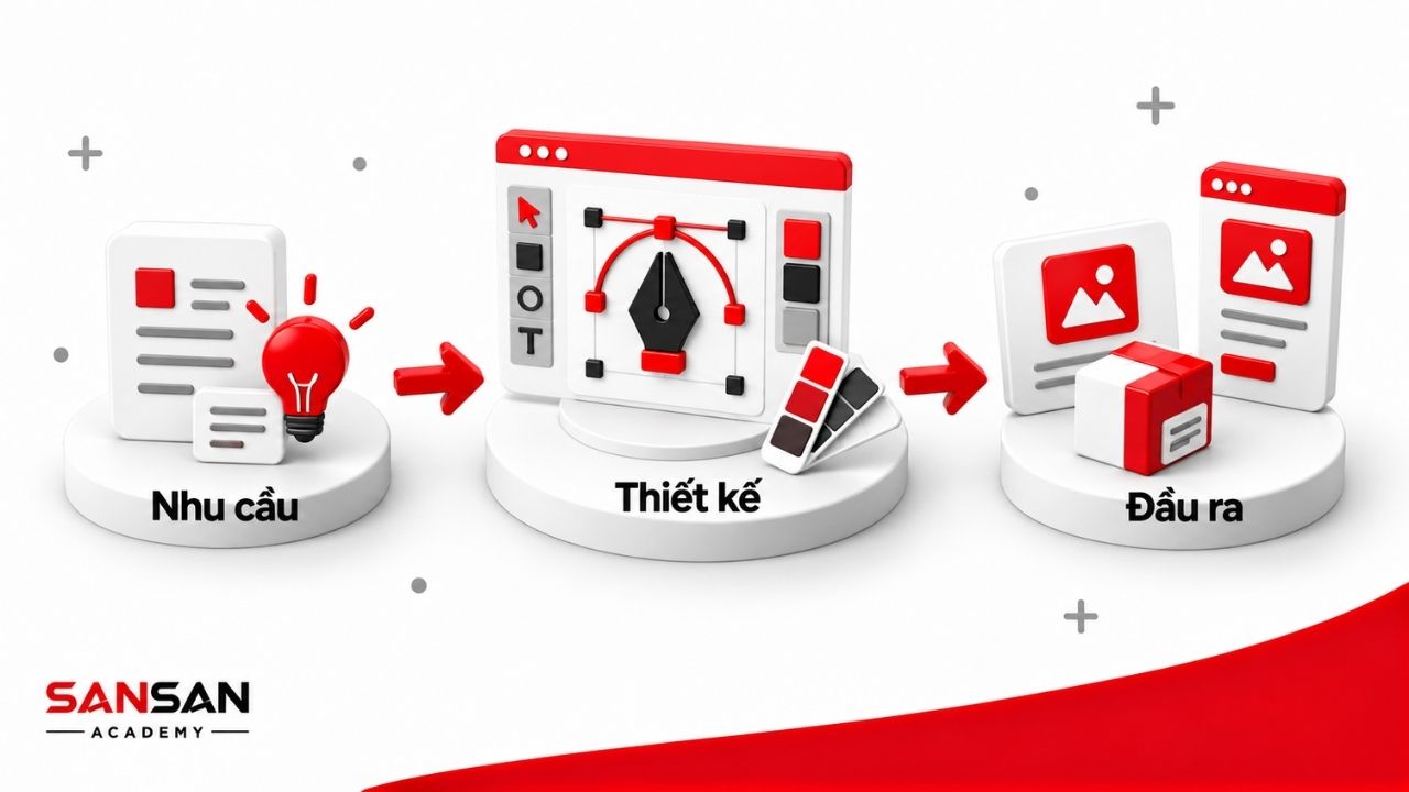 Sơ đồ 3D mô tả quá trình từ nhu cầu đến thiết kế và đầu ra, thể hiện Designer chuyển vấn đề thành giải pháp trực quan.