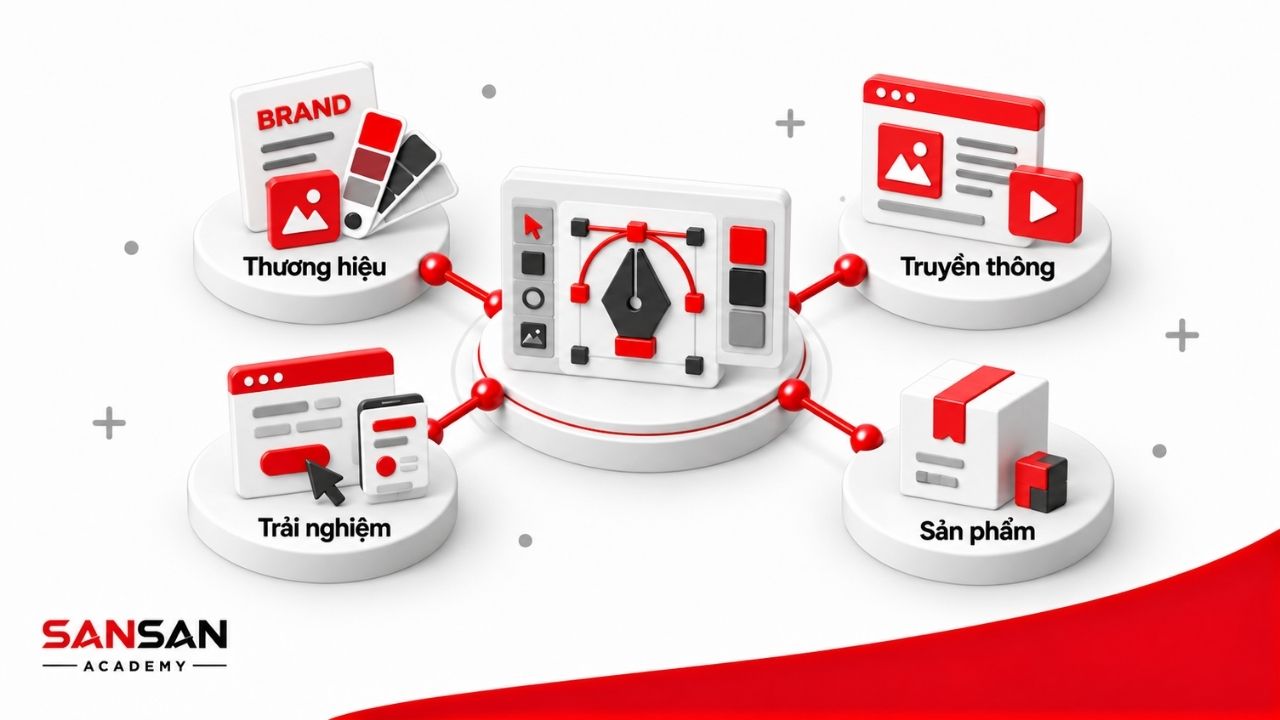 Sơ đồ 3D thể hiện Designer kết nối thiết kế với thương hiệu, truyền thông, trải nghiệm người dùng và sản phẩm.