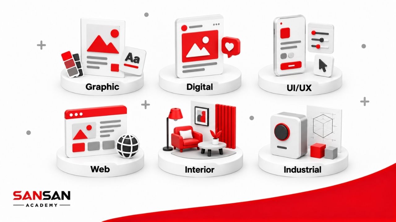 Minh họa 3D các chuyên môn Designer phổ biến gồm Graphic, Digital, UI/UX, Web, Interior và Industrial Design.