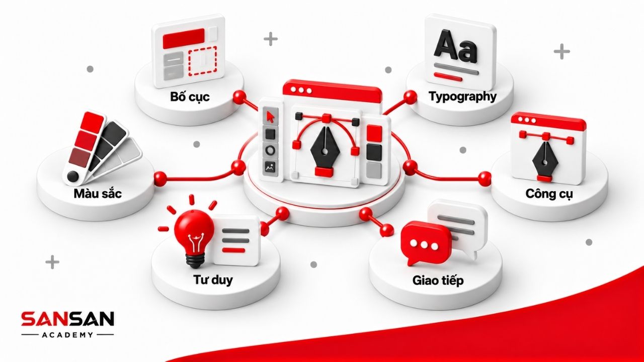 Sơ đồ 3D về các kỹ năng Designer gồm bố cục, màu sắc, typography, công cụ, tư duy sáng tạo và giao tiếp.