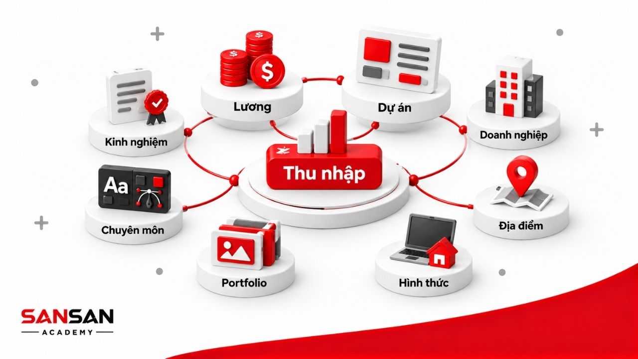 Minh họa 3D các yếu tố ảnh hưởng đến thu nhập Designer gồm kinh nghiệm, chuyên môn, portfolio, dự án, doanh nghiệp, địa điểm và hình thức làm việc.