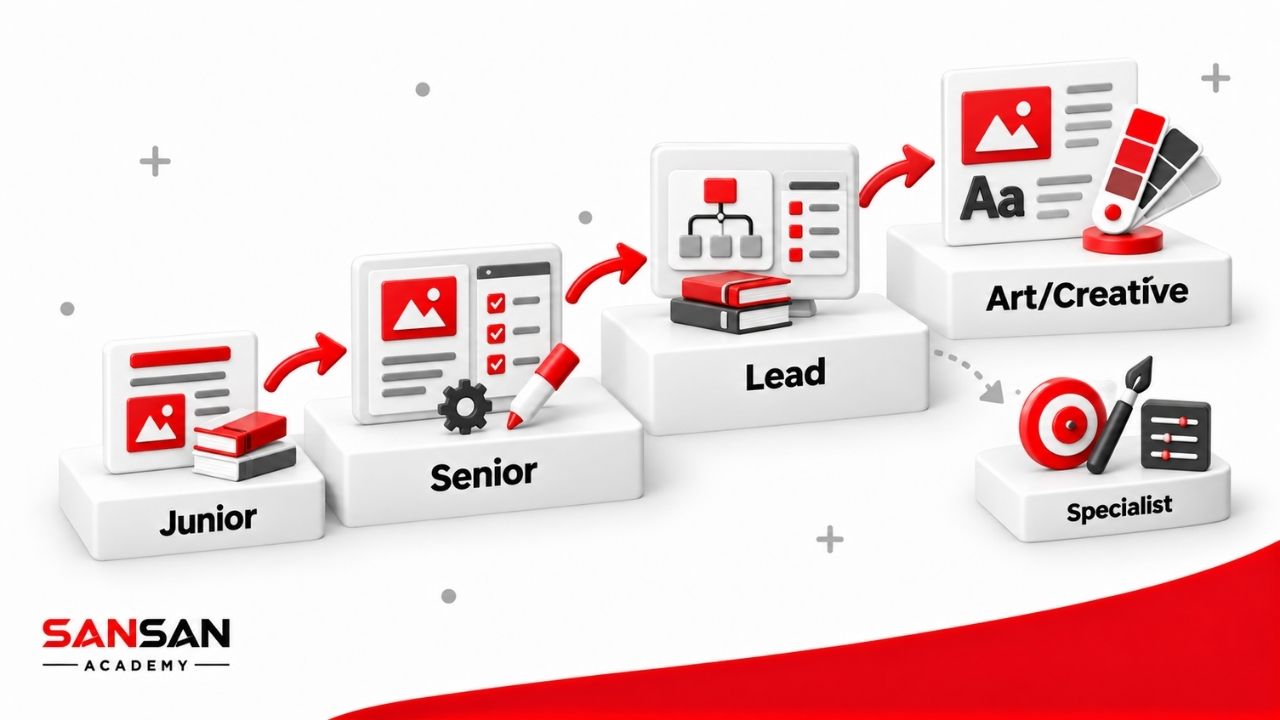 Sơ đồ 3D lộ trình nghề Designer từ Junior lên Senior, Design Lead và Art hoặc Creative Director, kèm hướng phát triển chuyên gia.