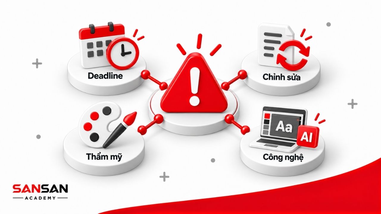 Minh họa 3D các áp lực nghề Designer gồm deadline, chỉnh sửa, khác biệt thẩm mỹ và sự thay đổi của công nghệ.