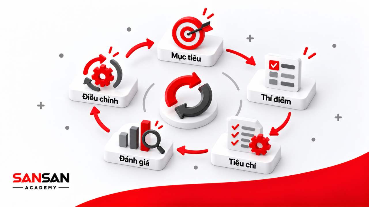 Chu trình triển khai ASK trong doanh nghiệp gồm xác định mục tiêu, thí điểm, xây tiêu chí, đánh giá và điều chỉnh.