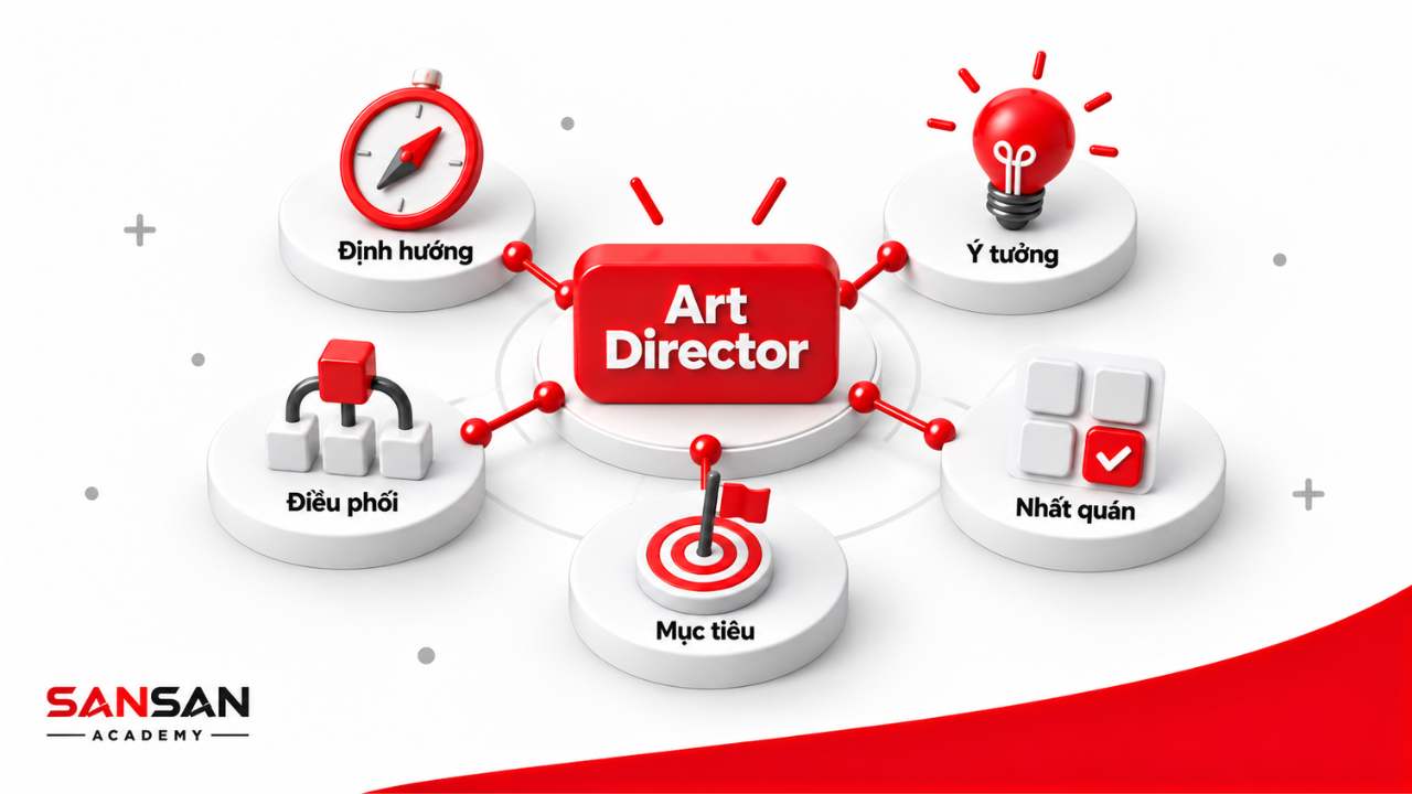 Vai trò Art Director gồm định hướng, phát triển ý tưởng, điều phối và giữ hình ảnh nhất quán theo mục tiêu