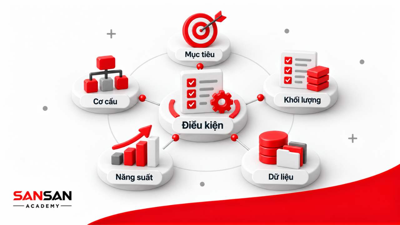 Điều kiện định biên nhân sự gồm mục tiêu, cơ cấu, khối lượng công việc, dữ liệu và năng suất