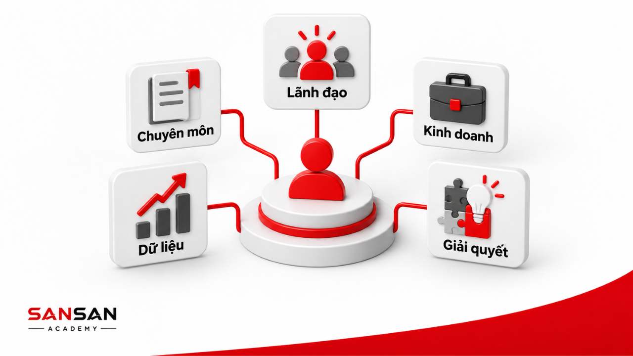 Năng lực quản lý nhân sự gồm chuyên môn lãnh đạo kinh doanh dữ liệu và giải quyết vấn đề