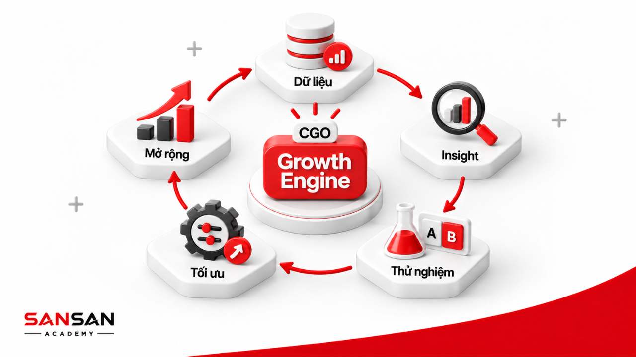 Growth Engine vận hành qua dữ liệu, insight, thử nghiệm, tối ưu và mở rộng