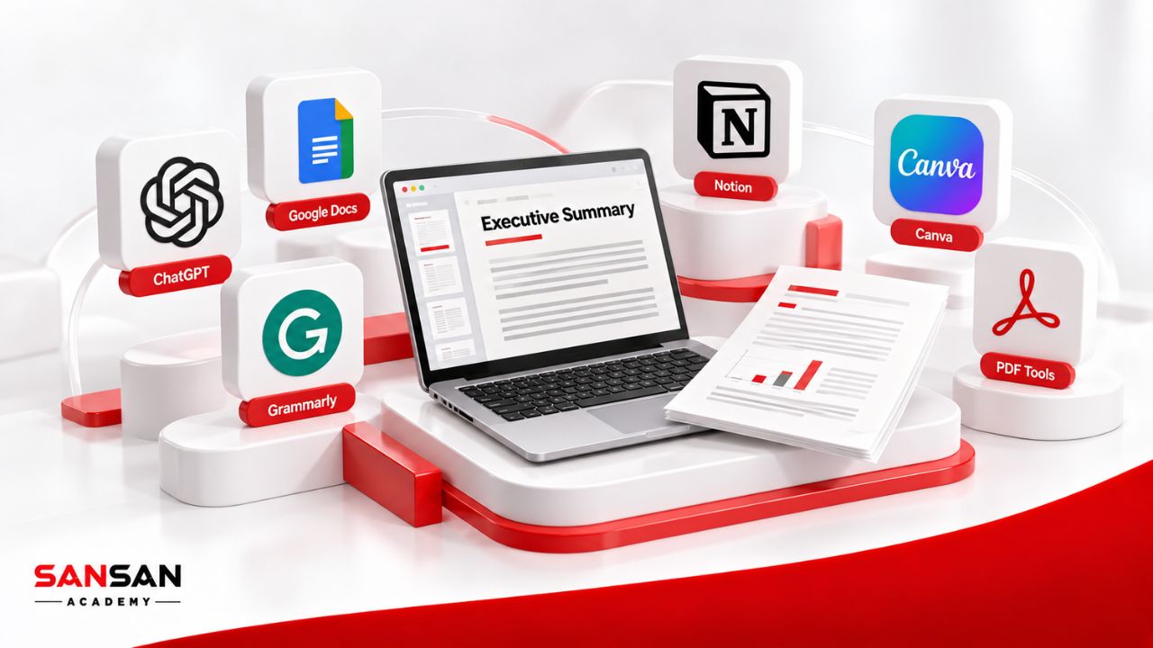 Công cụ hỗ trợ viết Executive Summary gồm trình soạn thảo, công cụ rà soát, AI, thiết kế và PDF quanh bản tóm tắt.