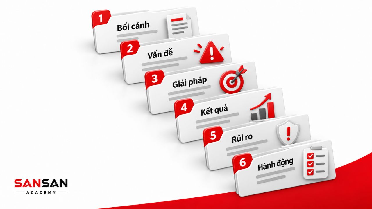 Cấu trúc Executive Summary gồm bối cảnh, vấn đề, giải pháp, kết quả, rủi ro và hành động.