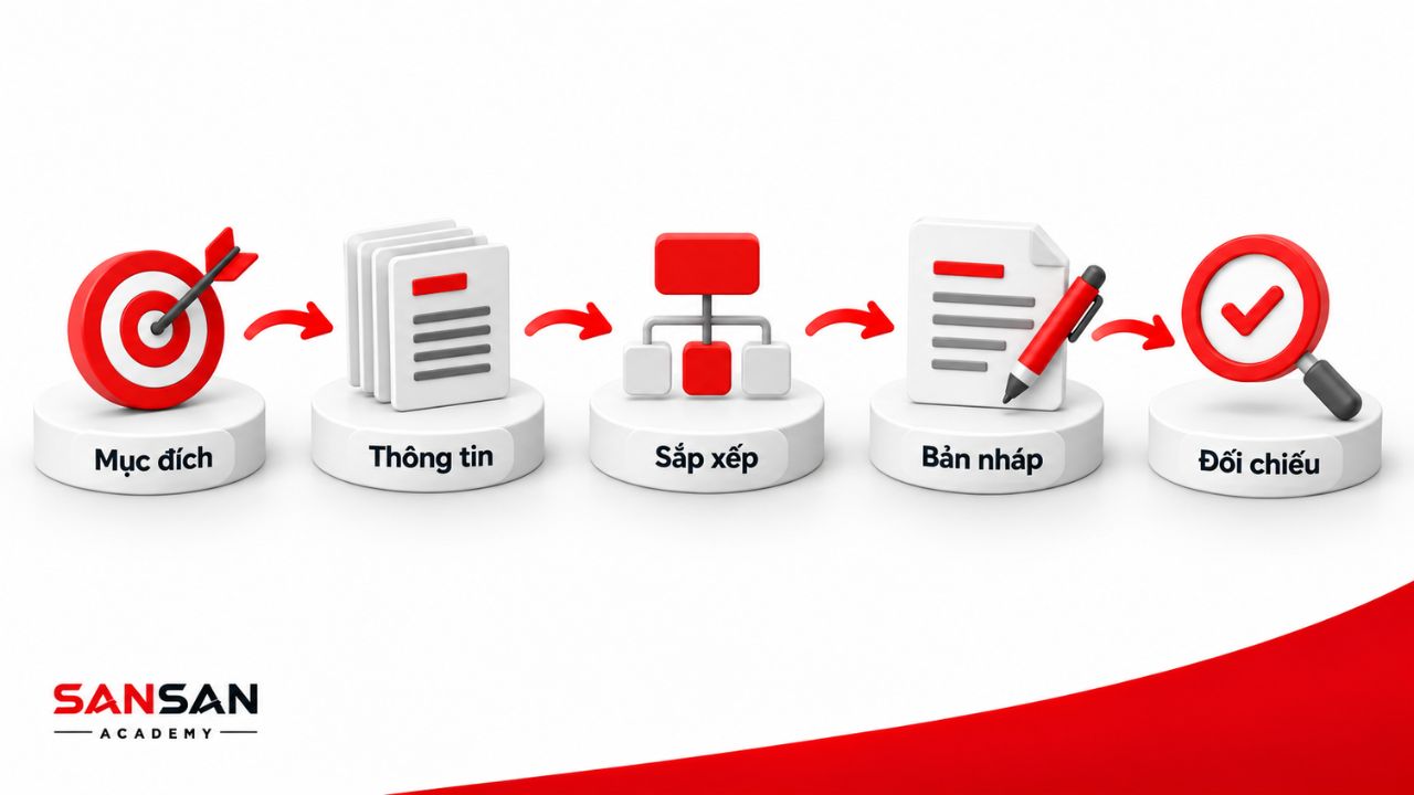 Quy trình viết Executive Summary gồm xác định mục đích, chọn thông tin, sắp xếp, viết nháp và đối chiếu.