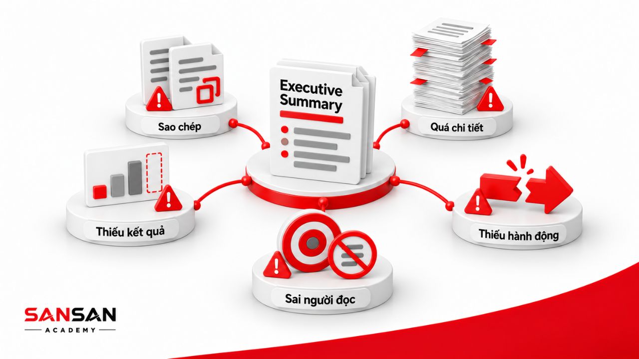 Lỗi viết Executive Summary gồm sao chép, quá dài, thiếu kết quả, thiếu hành động và sai người đọc.