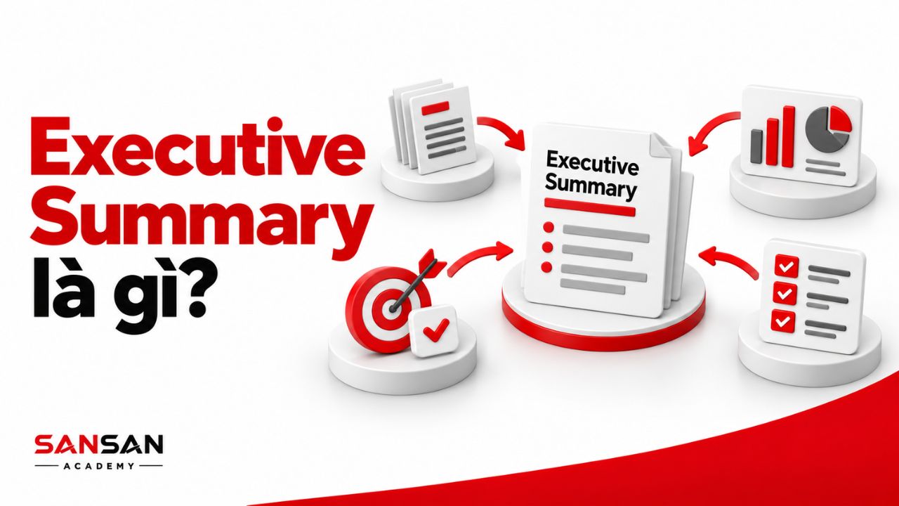 Executive Summary kết nối tài liệu, mục tiêu, biểu đồ và checklist để tóm tắt thông tin chính.