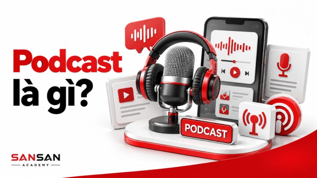 Podcast với micro, tai nghe và giao diện phát nội dung số