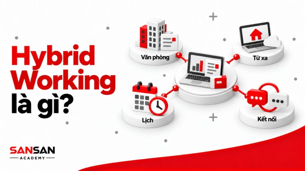 Hybrid Working kết hợp làm việc tại văn phòng, làm việc từ xa, lịch hiện diện và hoạt động phối hợp trong cùng một mô hình.