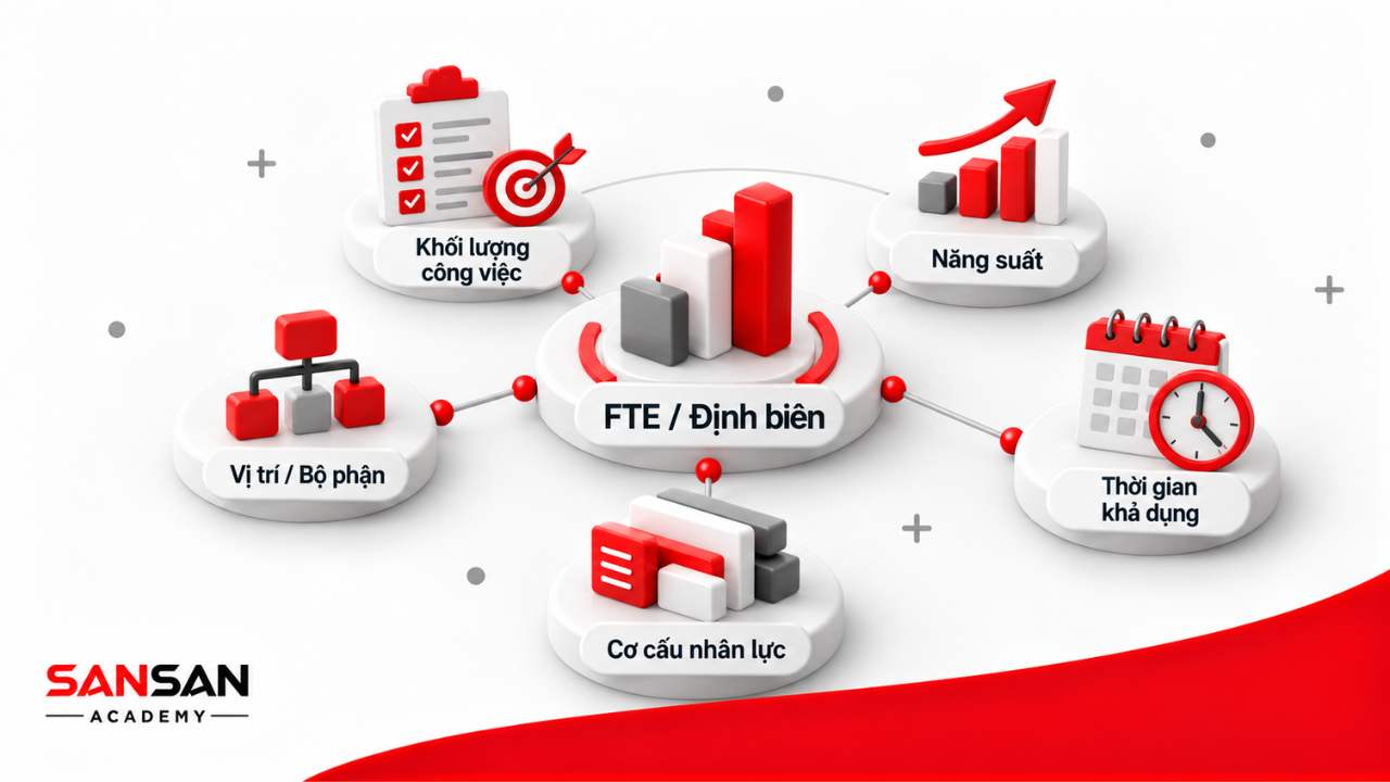 Minh họa định biên nhân sự theo FTE, khối lượng công việc, năng suất, thời gian khả dụng, cơ cấu và vị trí
