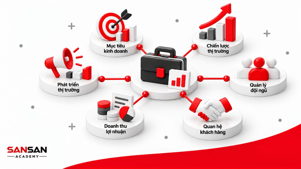 Giám đốc kinh doanh quản lý mục tiêu, chiến lược thị trường, đội ngũ, khách hàng, doanh thu và hoạt động phát triển kinh doanh.