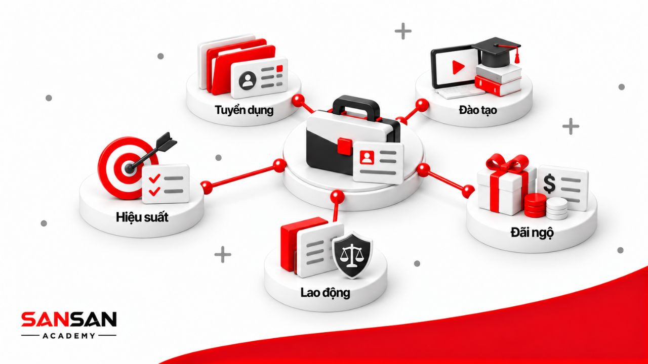Giám đốc nhân sự phụ trách hoạch định nhân lực, tuyển dụng, đào tạo, hiệu suất, đãi ngộ và quan hệ lao động.