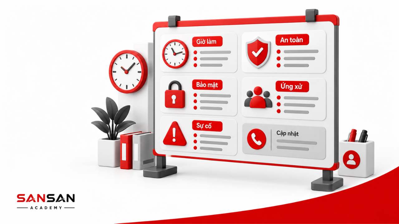 Bảng nội quy công ty tóm tắt giờ làm an toàn bảo mật ứng xử và báo sự cố