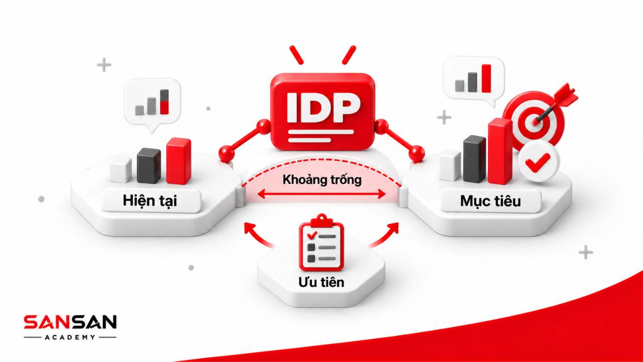 IDP đối chiếu năng lực hiện tại với mục tiêu để xác định khoảng trống và ưu tiên