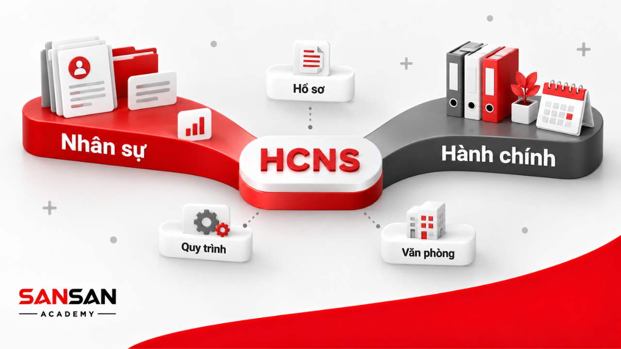 Minh họa HCNS là điểm kết nối giữa nhân sự, hành chính, hồ sơ, quy trình và hoạt động văn phòng