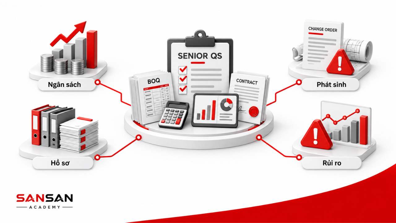 Senior QS quản lý ngân sách hồ sơ phát sinh và rủi ro dự án