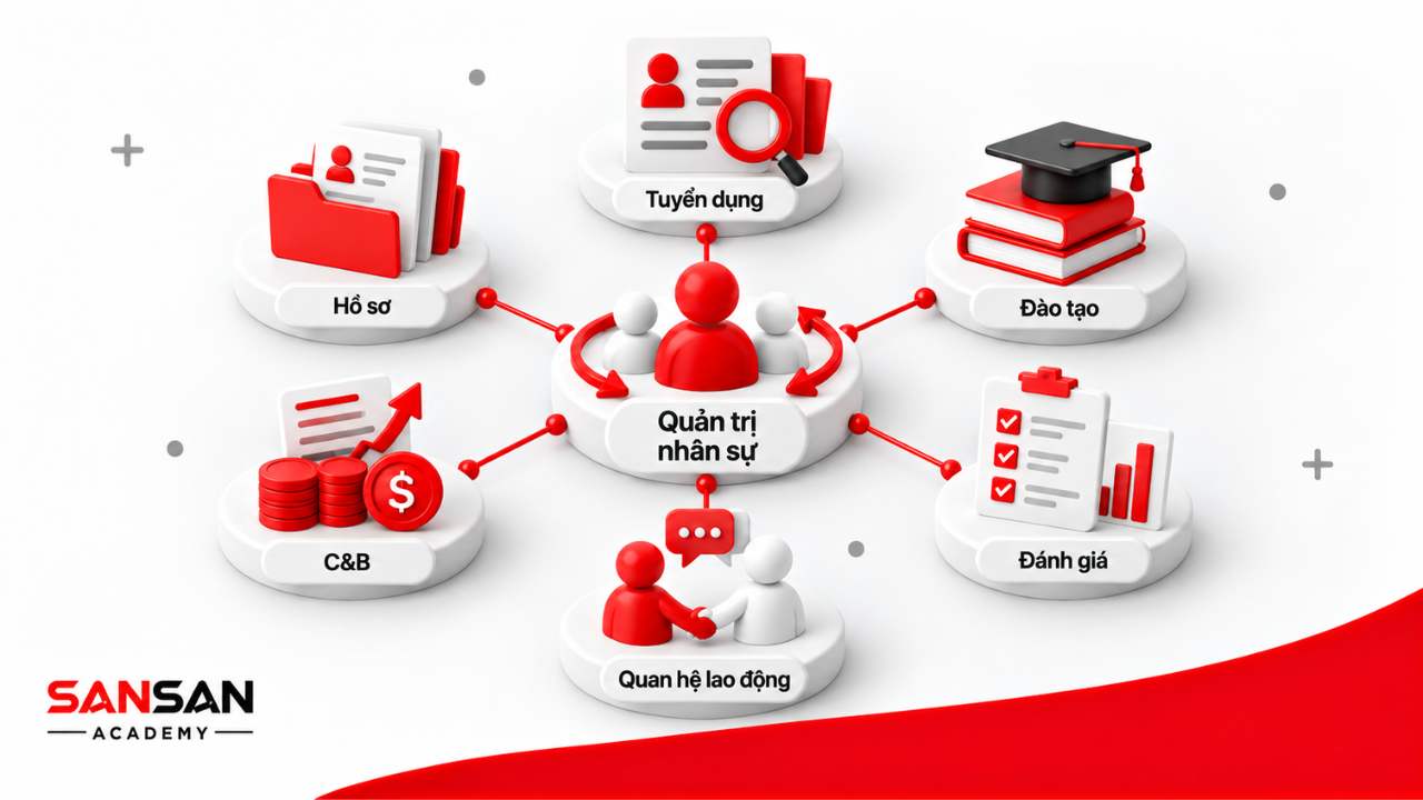 Các chức năng quản trị nhân sự gồm hồ sơ, tuyển dụng, đào tạo, đánh giá, C&B và quan hệ lao động