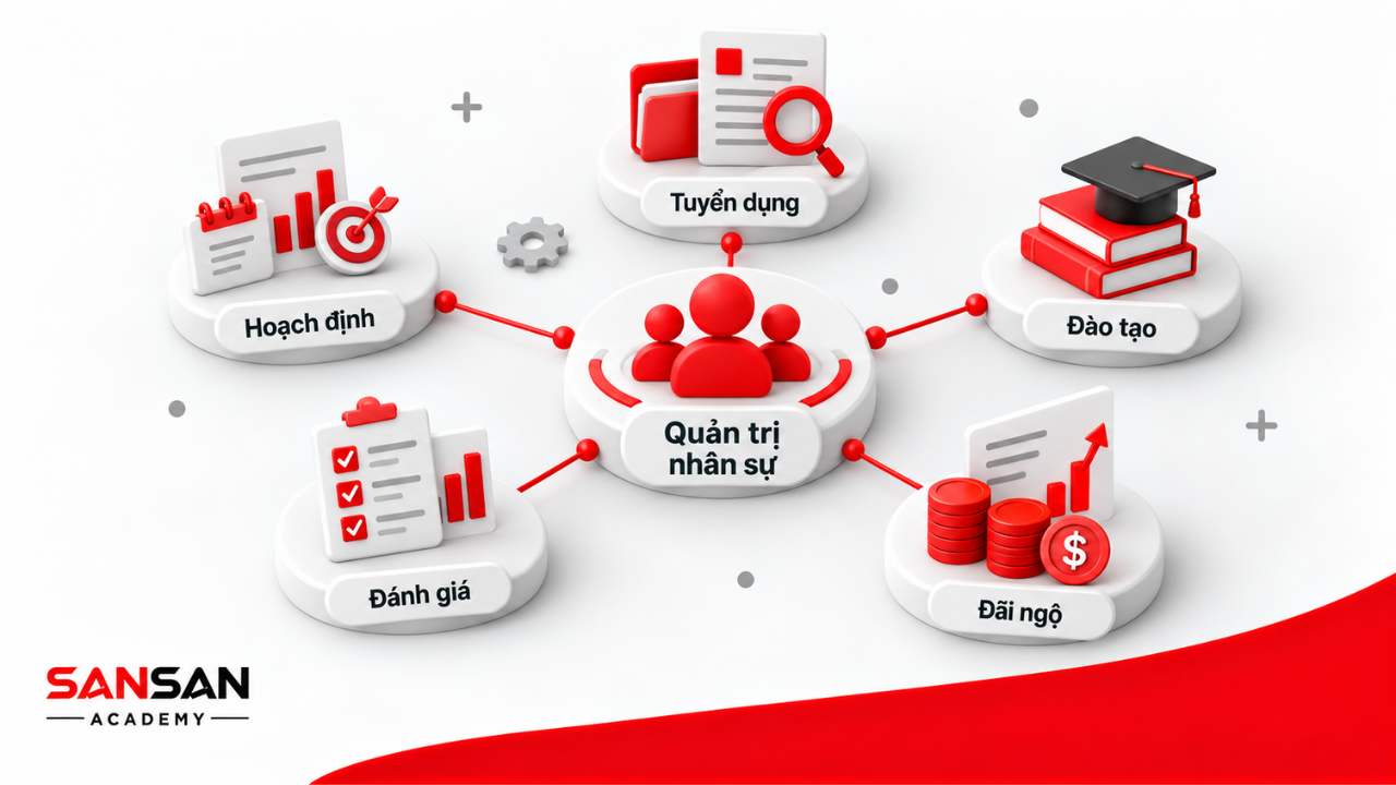 Hệ thống quản trị nhân sự gồm hoạch định, tuyển dụng, đào tạo, đãi ngộ và đánh giá nhân viên