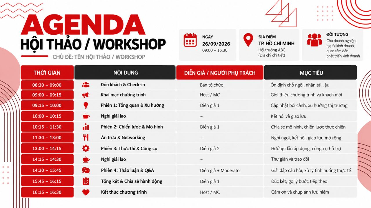 Mẫu Agenda hội thảo/workshop.