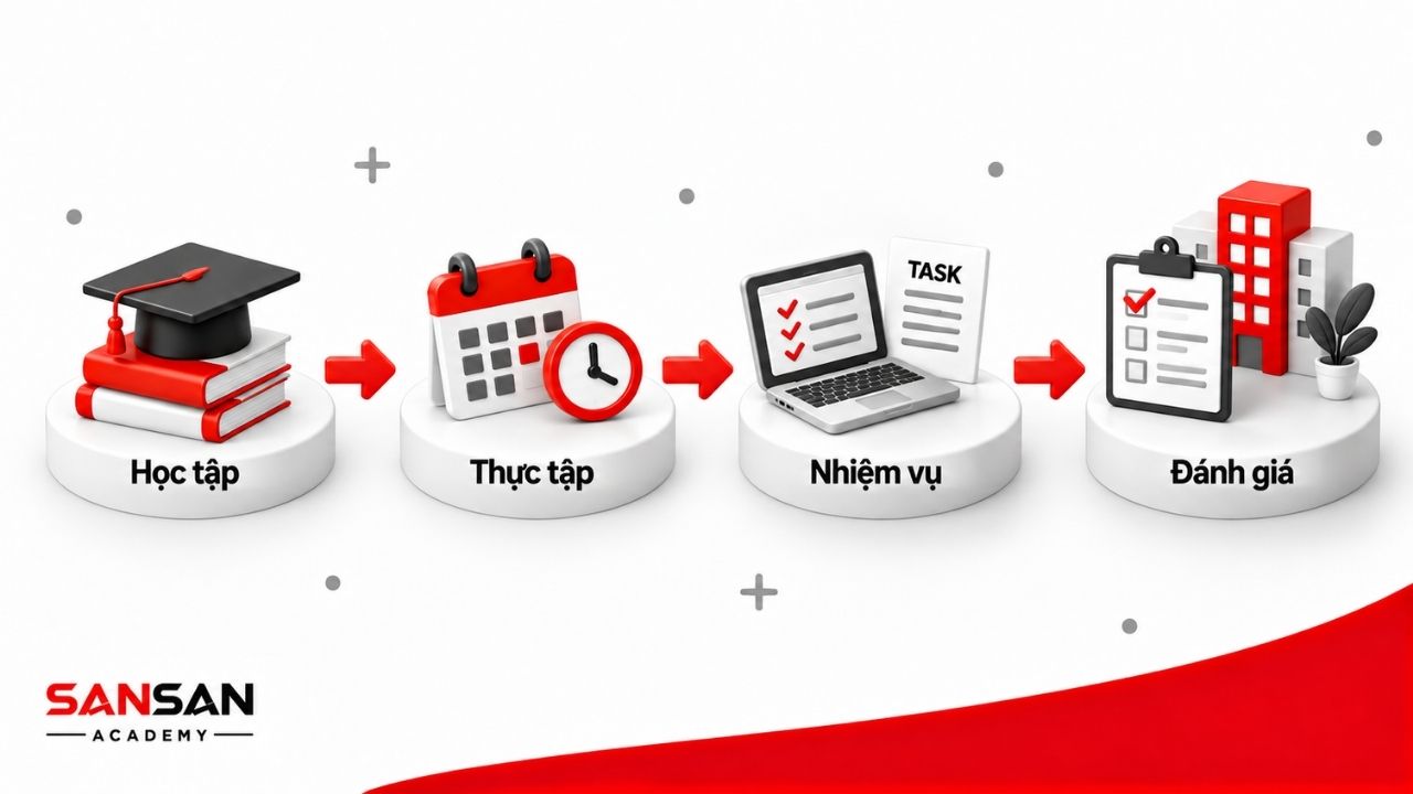 Lộ trình từ học tập đến môi trường làm việc với nhiệm vụ thực tế, người hướng dẫn, thời gian thực tập và đánh giá kết quả