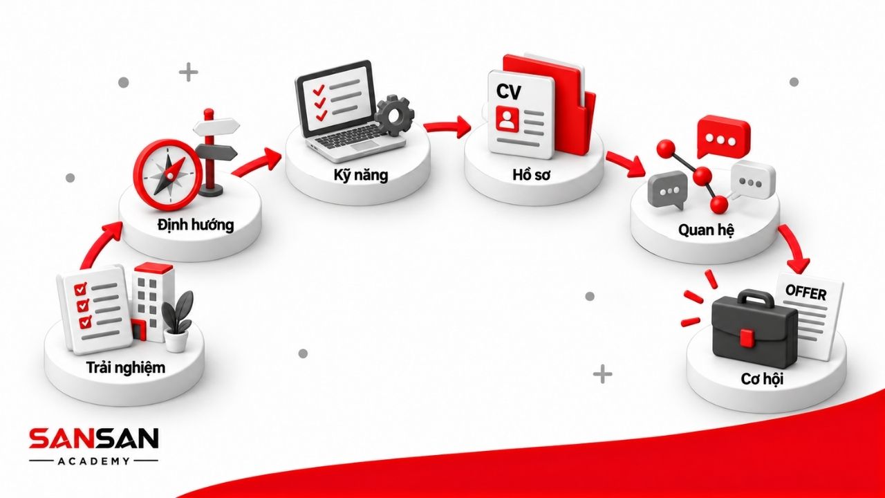 Hành trình thực tập dẫn đến trải nghiệm thực tế, định hướng nghề nghiệp, phát triển kỹ năng, hồ sơ năng lực và cơ hội việc làm