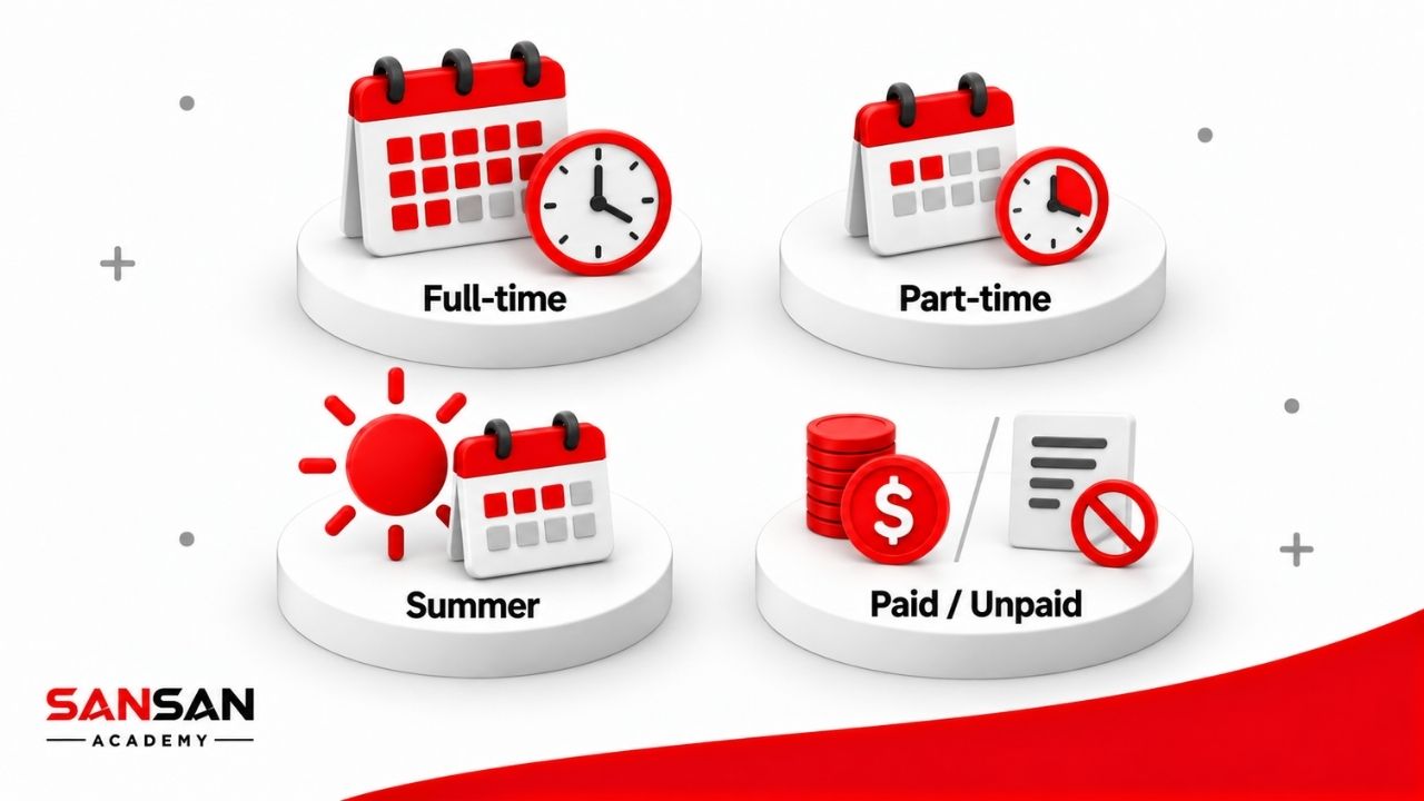 Bốn hình thức thực tập gồm Full-time, Part-time, Summer Internship và Paid hoặc Unpaid Internship