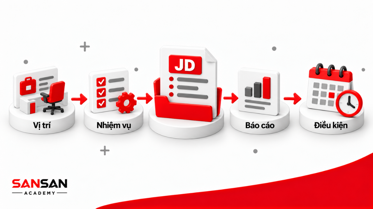 JD tóm tắt vị trí, nhiệm vụ, báo cáo và điều kiện làm việc trong cùng một tài liệu.