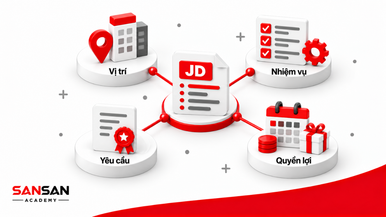 Một bản Job Description gồm vị trí, nhiệm vụ, yêu cầu và quyền lợi.