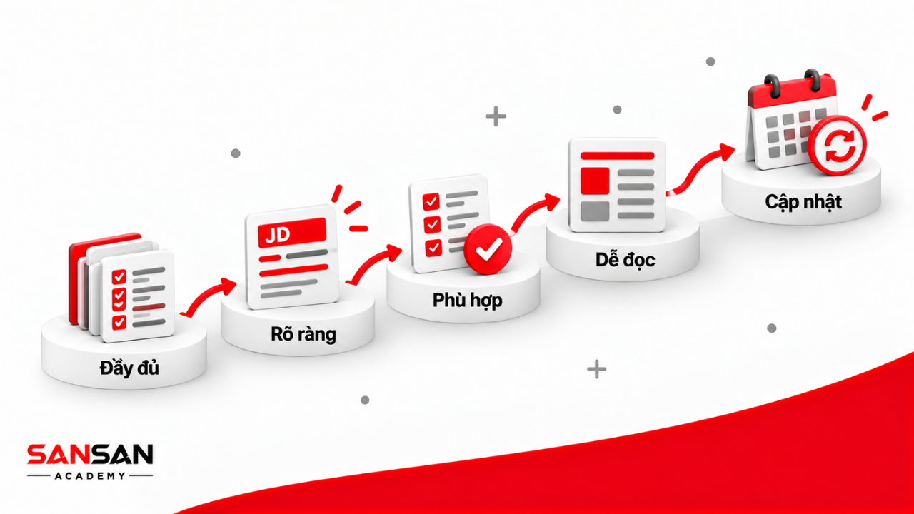 Một mẫu JD tốt cần đầy đủ, rõ ràng, phù hợp, dễ đọc và được cập nhật.