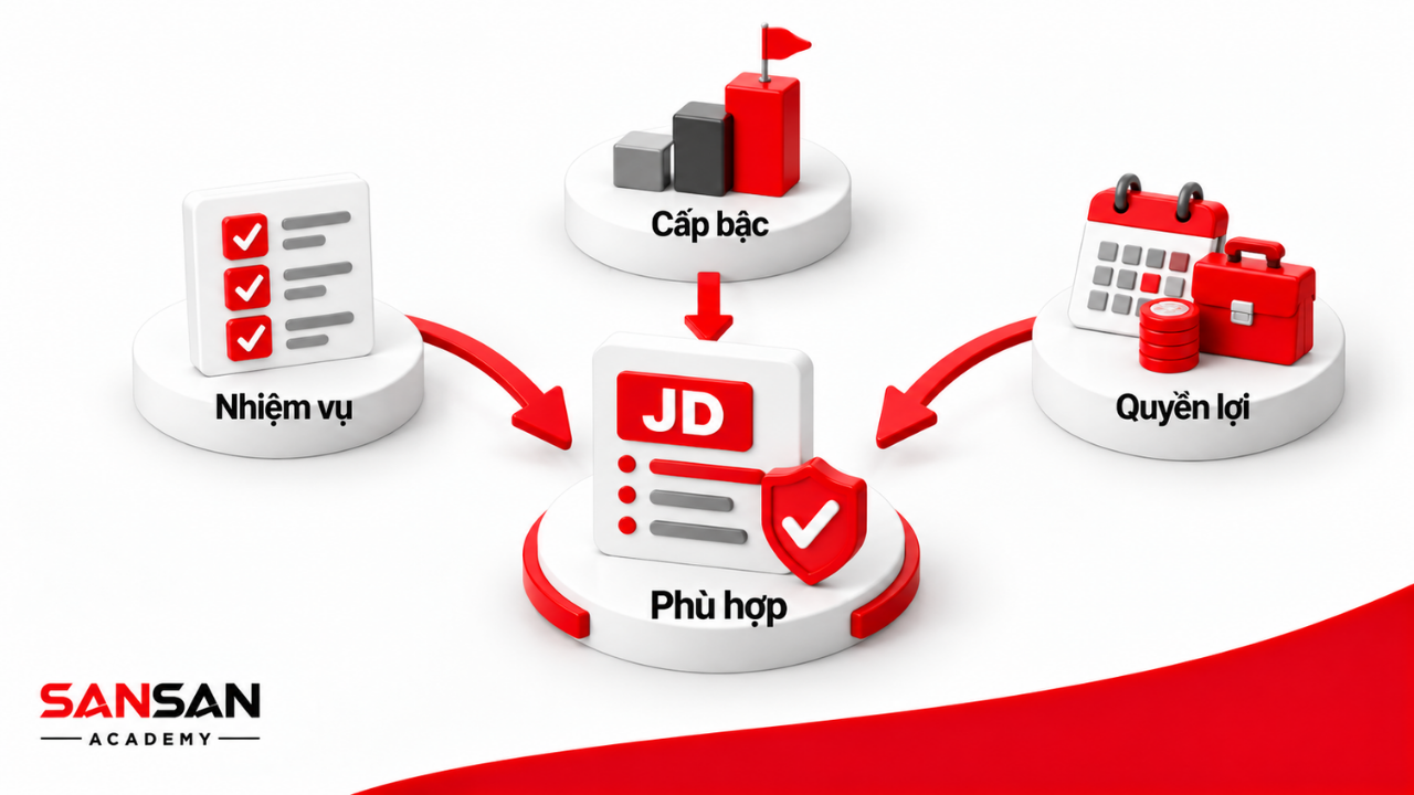 Yêu cầu trong JD cần phù hợp với nhiệm vụ, cấp bậc và quyền lợi của vị trí.