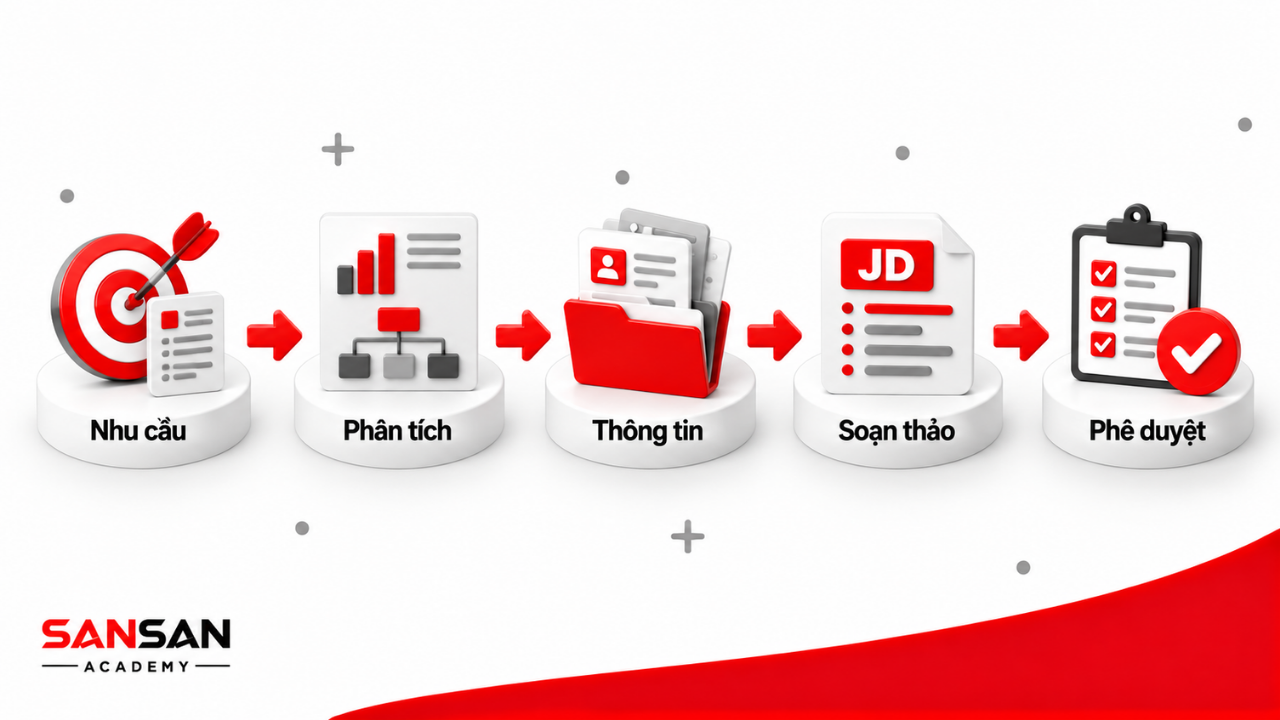 Quy trình xây dựng JD gồm xác định nhu cầu, phân tích vị trí, thu thập thông tin, soạn thảo và phê duyệt.