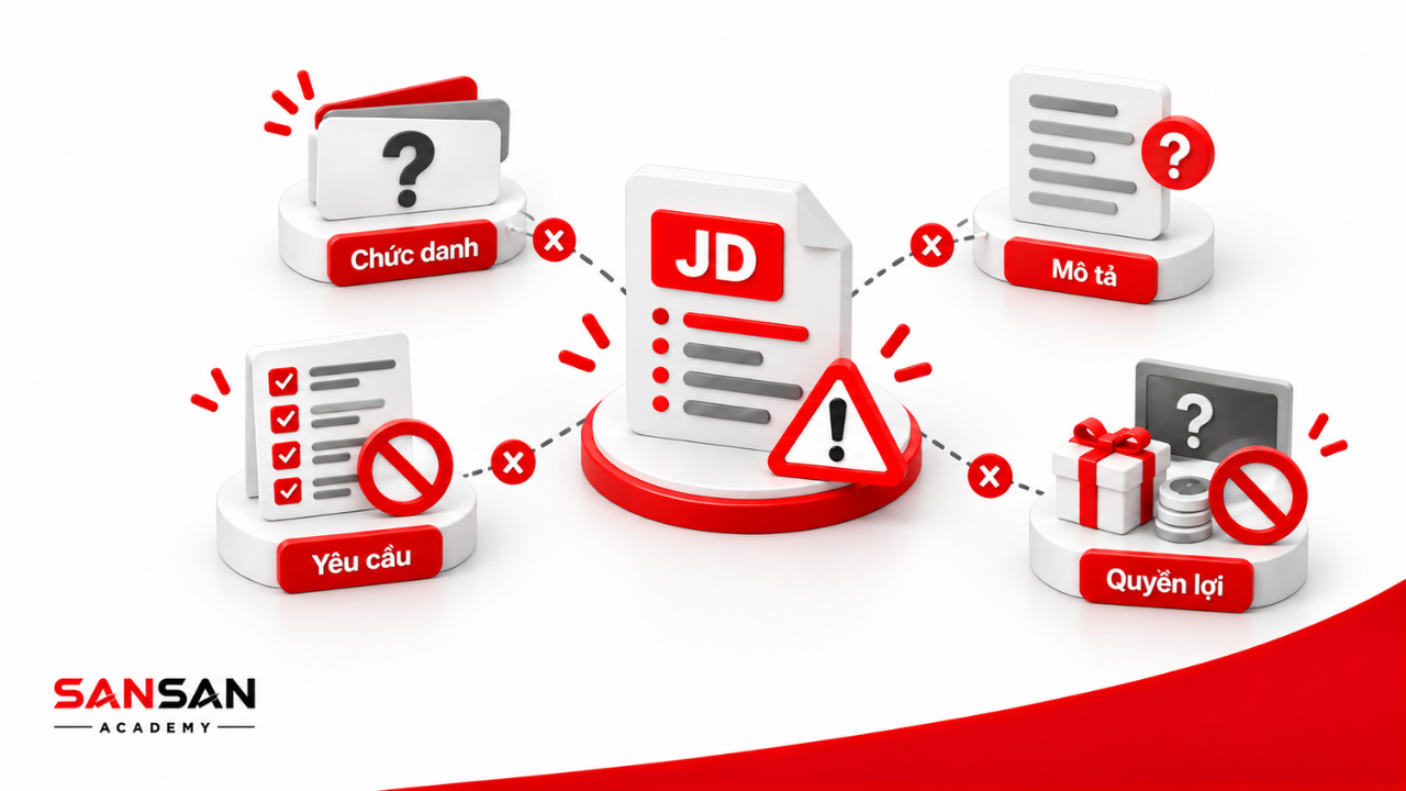 Các lỗi thường gặp khi viết JD gồm chức danh mơ hồ, mô tả chung chung, yêu cầu thiếu thực tế và quyền lợi không rõ.