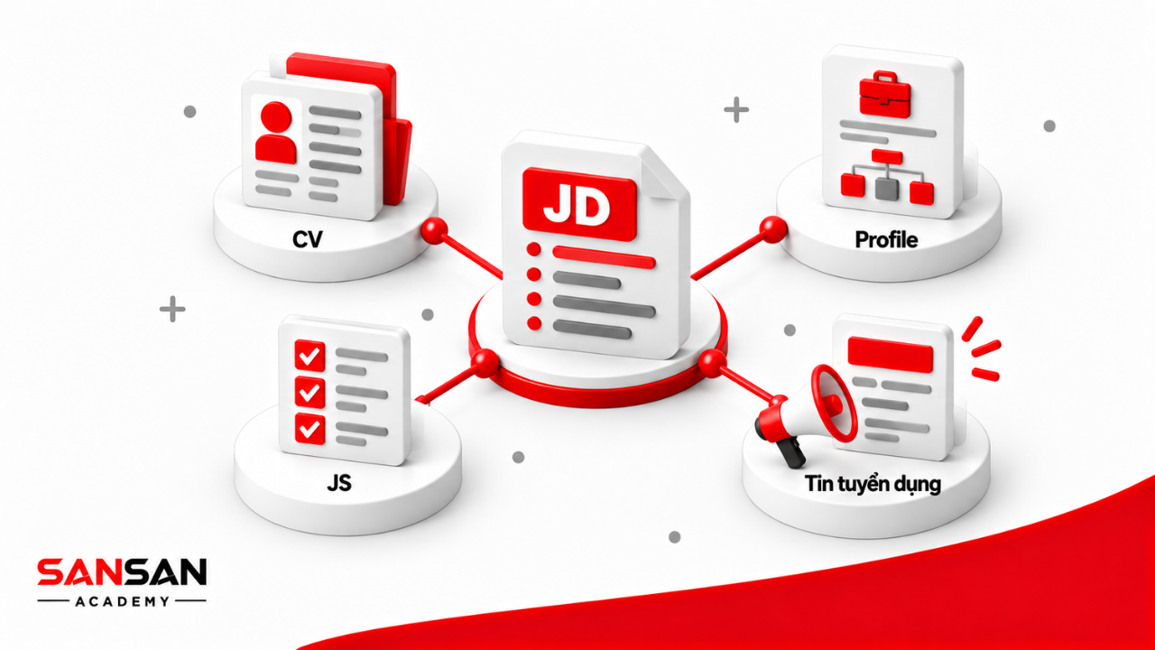 JD được đặt cạnh CV, Job Profile, JS và tin tuyển dụng để phân biệt vai trò của từng tài liệu.