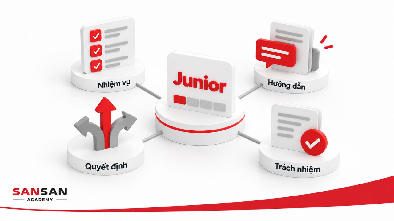 Junior được xác định qua nhiệm vụ, mức hướng dẫn, quyền quyết định và trách nhiệm công việc.