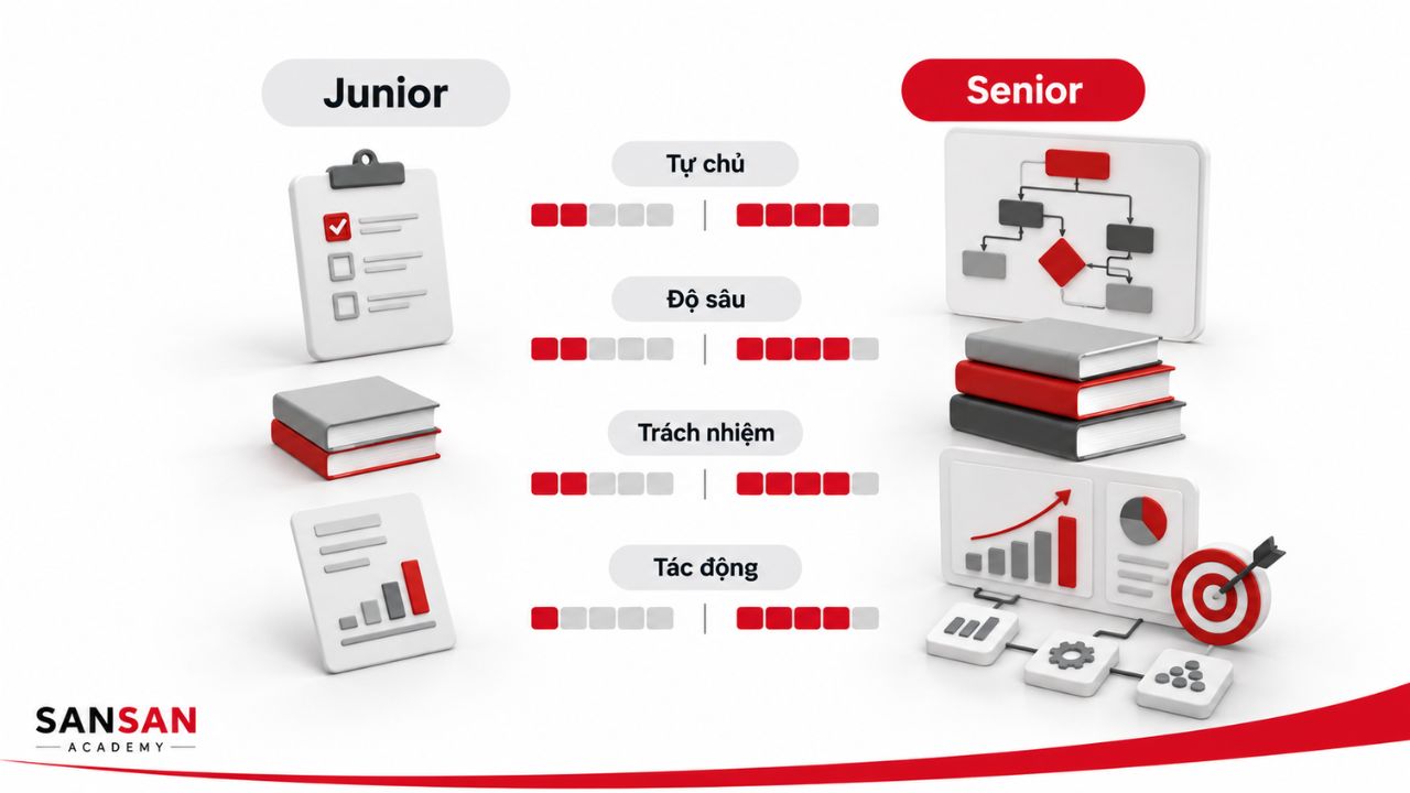 Junior và Senior được so sánh theo mức tự chủ, chiều sâu, trách nhiệm và phạm vi tác động.