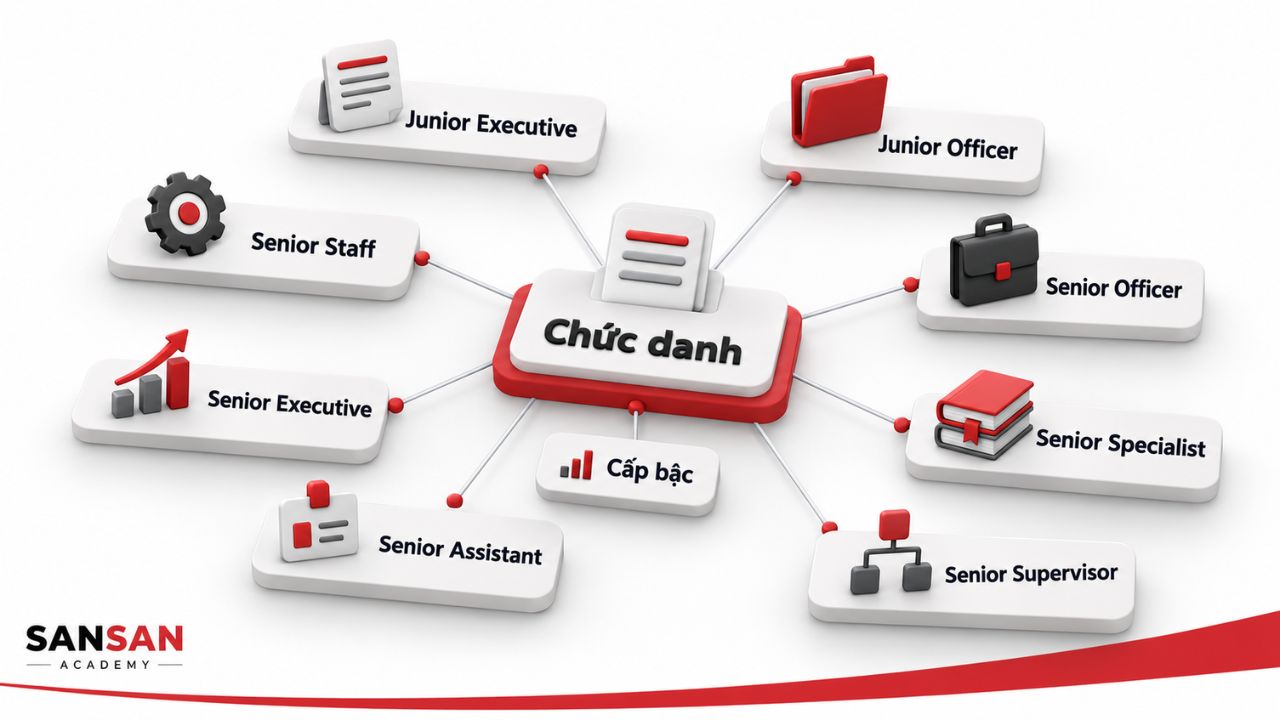 Các chức danh gồm Junior Executive, Junior Officer và nhiều vị trí Senior theo loại vai trò khác nhau.