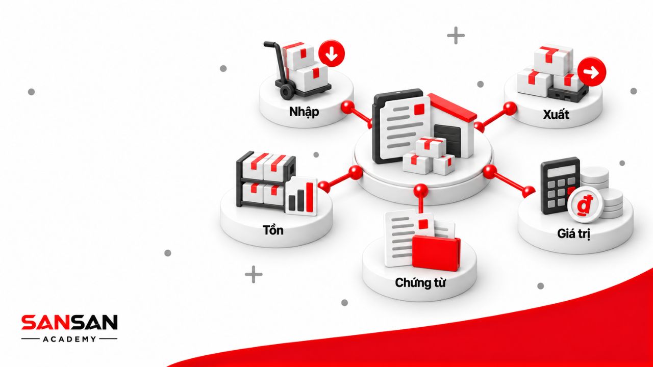 Kế toán kho gồm các mảng nhập, xuất, tồn, chứng từ và giá trị hàng tồn kho.