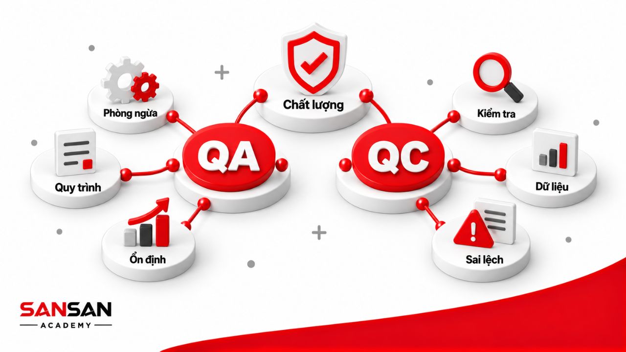 QA tập trung vào quy trình, phòng ngừa và tính ổn định còn QC tập trung vào kiểm tra, dữ liệu và phát hiện sai lệch.