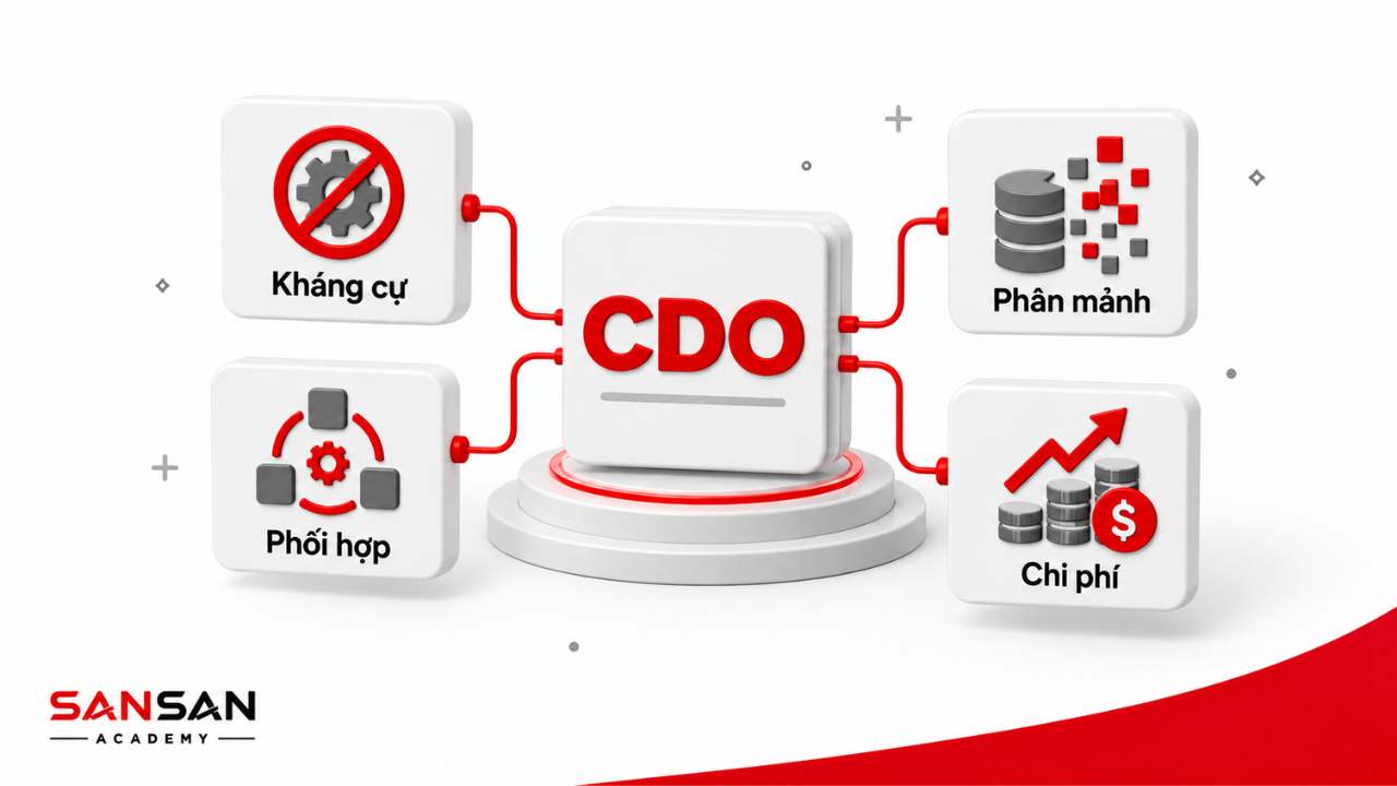 Bốn thách thức của CDO gồm kháng cự thay đổi, dữ liệu phân mảnh, phối hợp liên phòng ban và cân bằng đầu tư