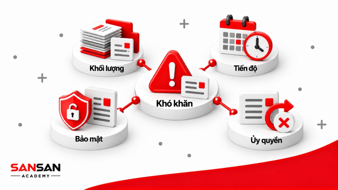 Khó khăn của trợ lý giám đốc gồm quá tải công việc, áp lực tiến độ, bảo mật thông tin và giới hạn ủy quyền.